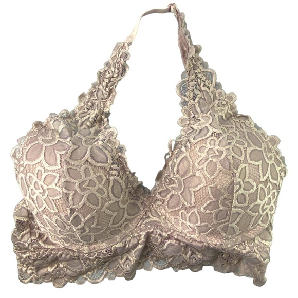 TRUE floral lace taupe bralette halter women's size large - Picture 1 of 7